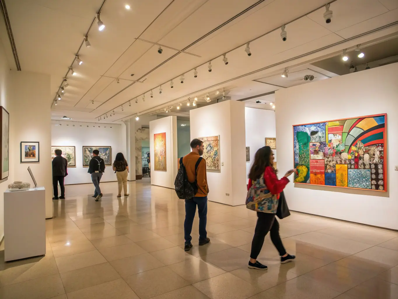 A dynamic image of an art exhibition at VALLEE, featuring various paintings and sculptures, with people admiring the artwork.