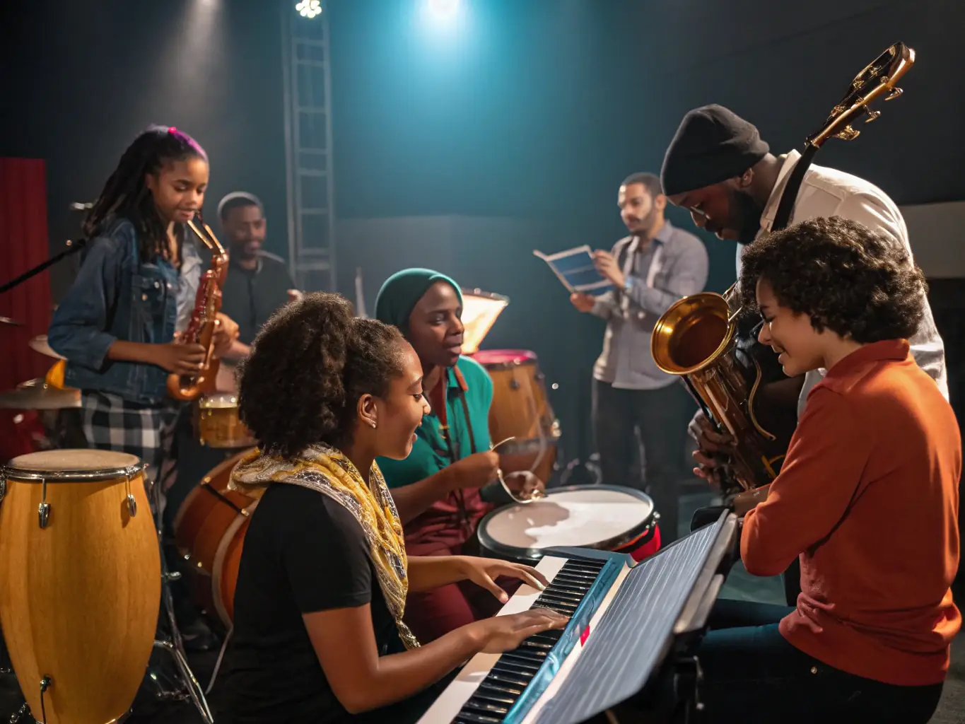 A dynamic image of a training workshop at VALLEE, with participants actively engaged in learning new musical techniques and skills from experienced instructors.