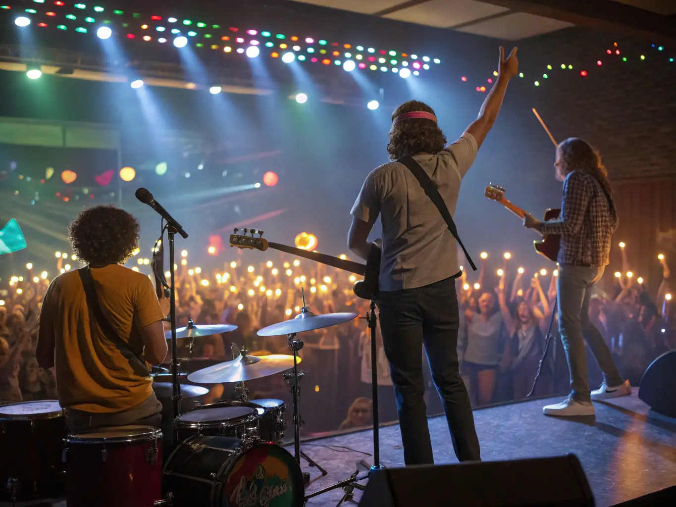 A vibrant image depicting a live music performance at R VALLEE, showcasing musicians on stage with an engaged audience in the background. The lighting is warm and inviting, highlighting the energy of the performance.