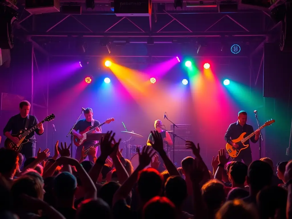A vibrant photograph capturing a live music performance at VALLEE, showcasing a band on stage with colorful lighting and an enthusiastic audience.