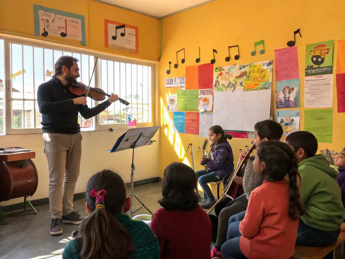 A focused image showing participants in a training workshop, learning new skills and techniques in a specific artistic discipline. The atmosphere is attentive and supportive, with instructors providing guidance and encouragement.